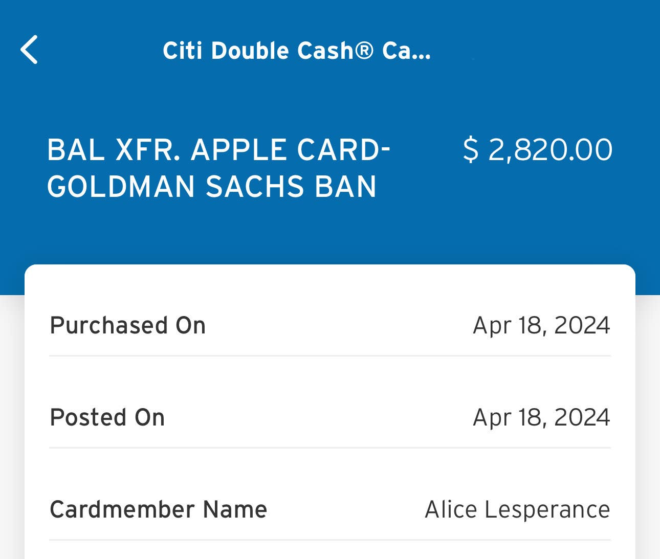 Screenshot of a Citi Double Cash charge