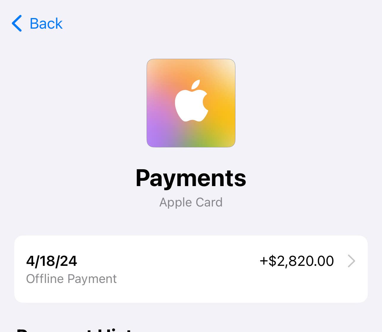 Screenshot of an Apple Card payment