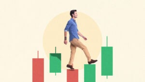 comically depiction of man walking up a candlestick chart