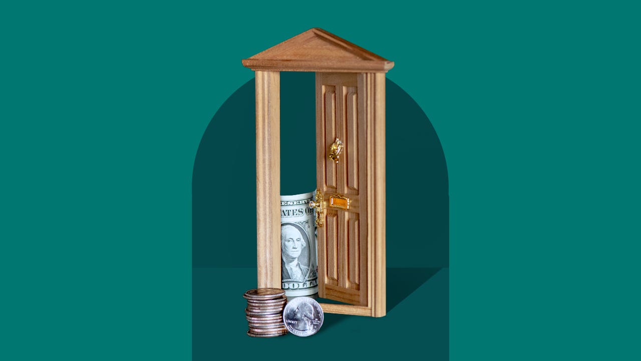 Design element including an open front door with a roll of quarters and a rolled up dollar bill in the path way.