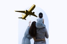 design image of a family pointing to the sky where an airplane is flying over them