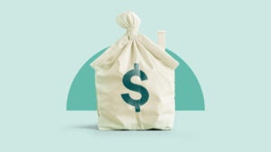 Illustrated image featuring a moneybag shaped like a house