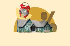 Illustrated collage featuring a house with a clock hoovering above it