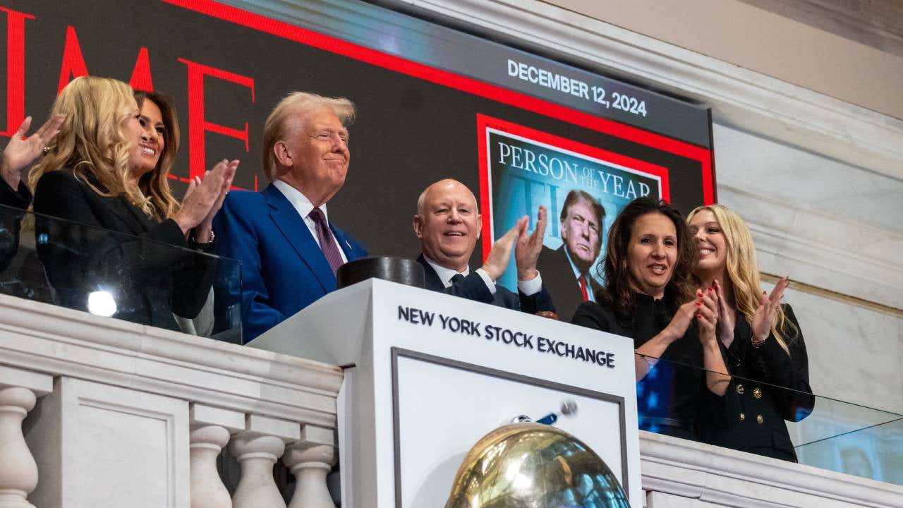 Donald Trump presiding over the opening bell of the New York Stock Exchange.