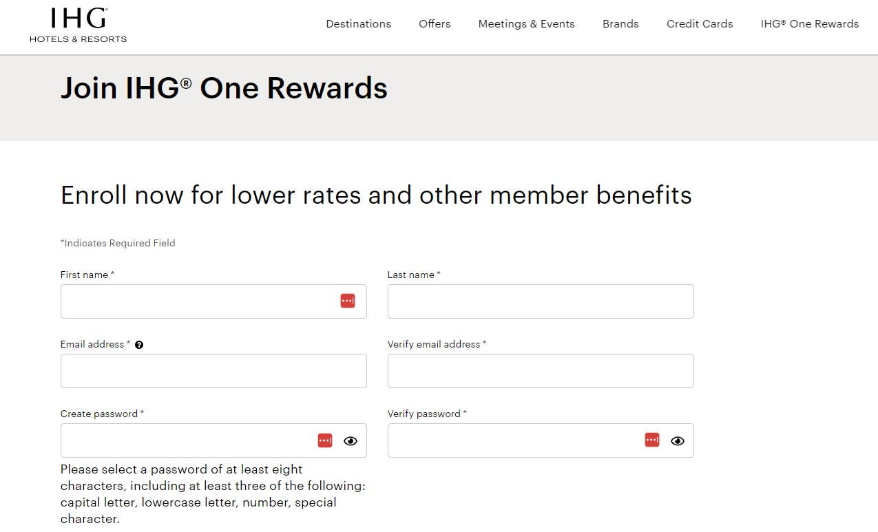 Sign up for IHG One Rewards by entering basic info