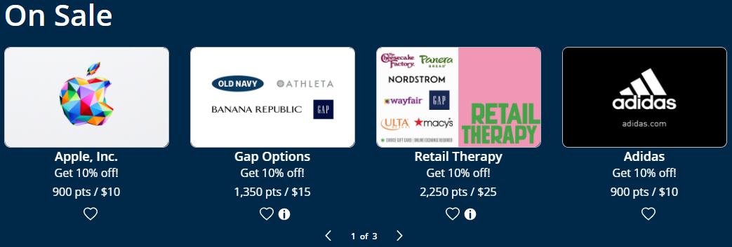 Example of gift cards on offer