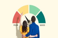 design image of a couple standing in front of a meter for poor or good credit