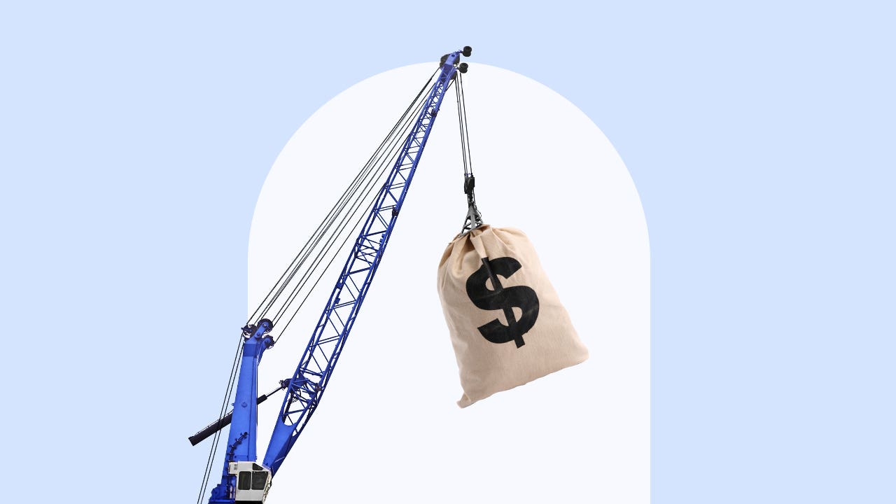 Image of a crane holding a bag of money