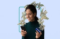 design image of a woman smiling at her phone and holding a credit card with money in the air