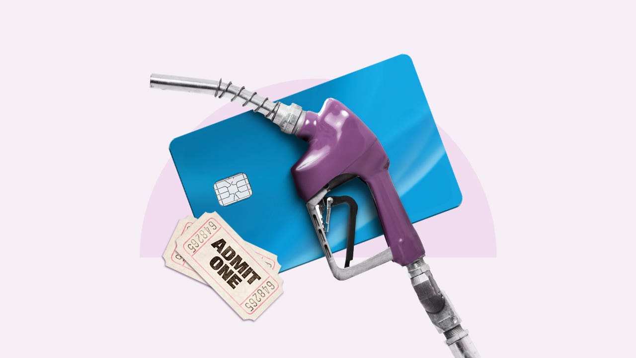 design image depicting a gas pump a credit card and an "admit one" ticket