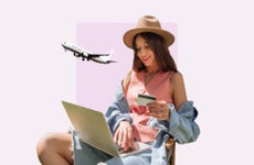 design element depicting a women lounging on her computer with a credit card in her hand and an airplane flying in the background