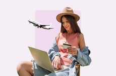 design element depicting a women lounging on her computer with a credit card in her hand and an airplane flying in the background