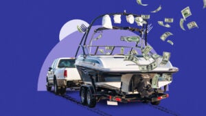 White truck hauling a white boat against a light purple semicircle on a dark purple background.