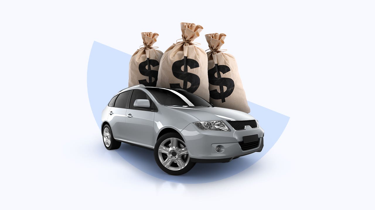 A silver SUV is positioned in front of an image of three bags of money. Background is light blue.