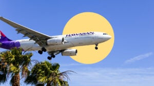 An image of a Hawaiian Airlines airplane over a tropical background with a yellow circle design.