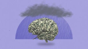 A stormcloud handing over a bunch of money wadded together in the shape of a brain