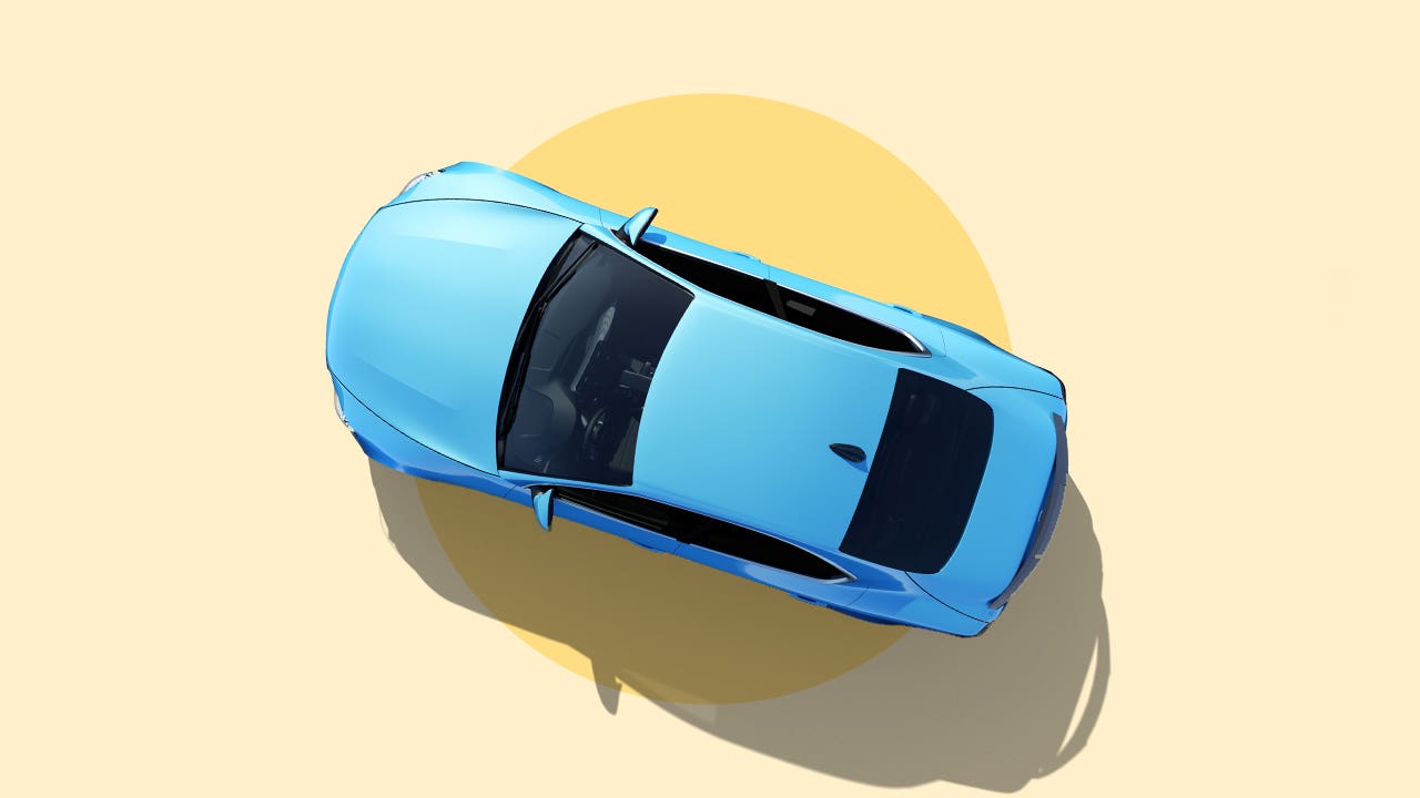 A blue sedan shown from a top-down angle. Image is on top of a yellow background.