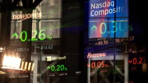 Stock market information displayed at the Nasdaq MarketSite in New York, US