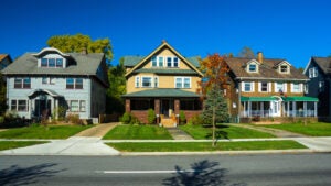 Three houses in a Cleveland, Ohio neighborhood.