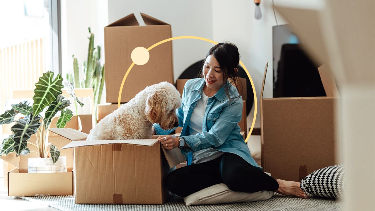 Woman sitting next to boxes. A dog is sitting inside an opened box