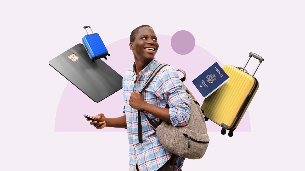 design element of young african american adult surrounded by credit cards and travel luggage