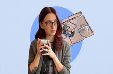 Design image of write Ana Staples holding a cup of coffee and a torn up credit card in the background