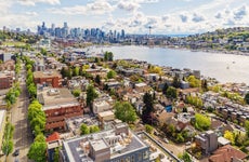Aerial image of the suburban area of Seattle, WA known as Eastlake, with a view of Lake Union