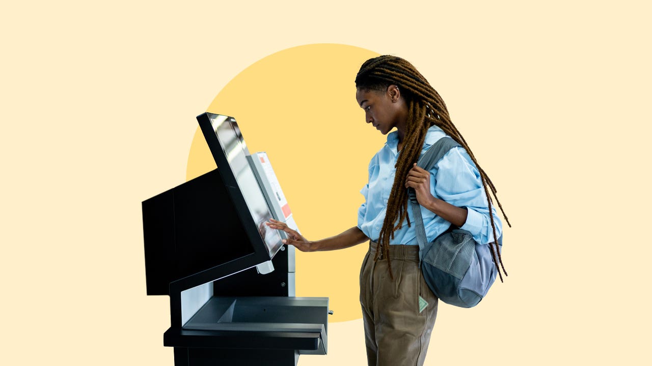 design element of a woman at a self kiosk