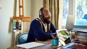 Businessman on video conference in home office