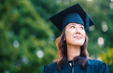 University student, woman and outdoor for graduation with memory, smile or thinking