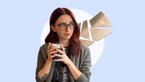 Design image of write Ana Staples holding a cup of coffee and a torn up credit card in the background