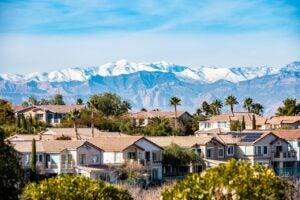 aerial view of suburban las vegas homes with palm trees and mountains