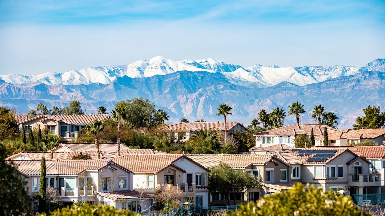 aerial view of suburban las vegas homes with palm trees and mountains