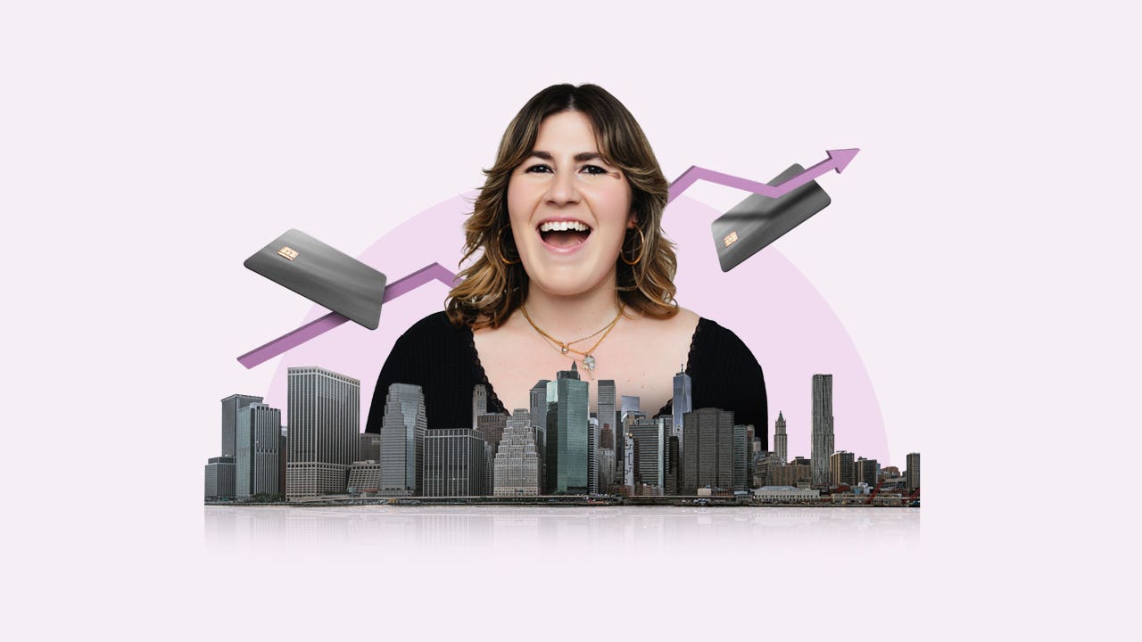 design image of a woman behind a skyline with credit cards in mid air