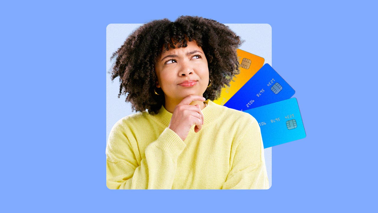 design image of a woman thinking and credit cards sprawled out behind her