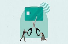 Illustrated collage featuring a large pair of scissors cutting a credit card