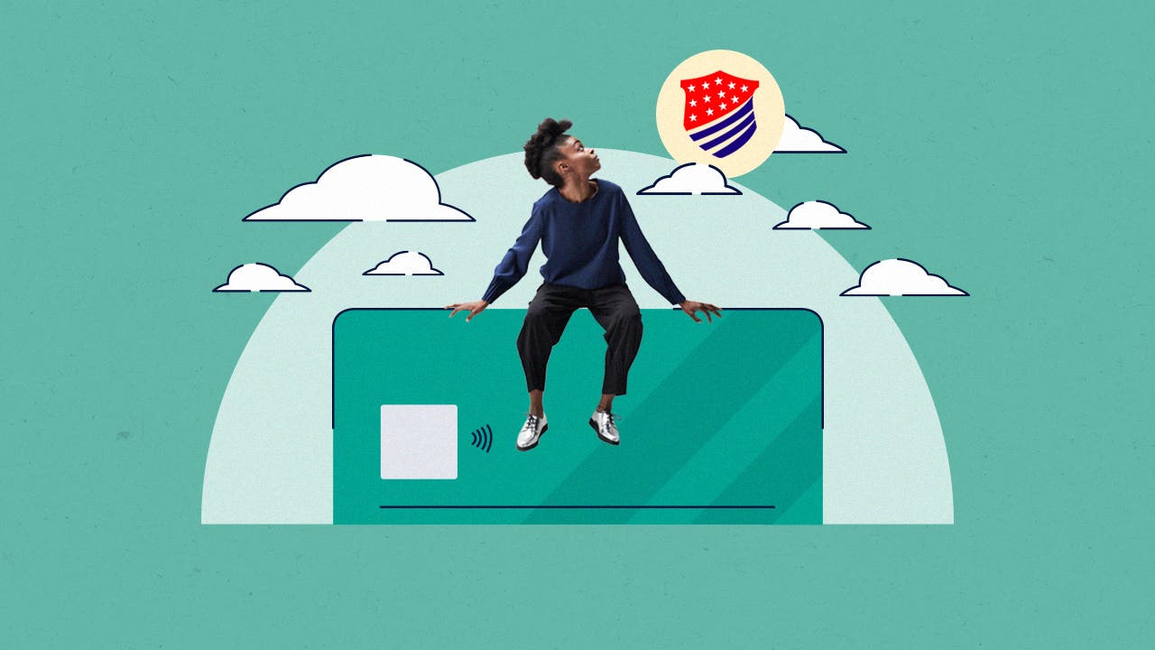 Collage featuring a person sitting on top of a credit card