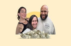 design image of smiling individuals with money