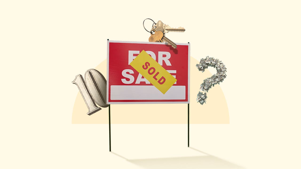photo illustration - for sale sign with "sold" sign on top, with housekeys
