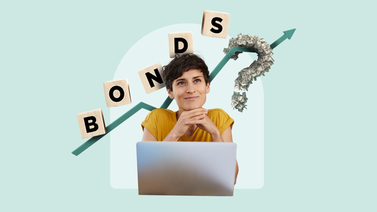 Person smiling in front of a laptop. The word bonds is floating behind them
