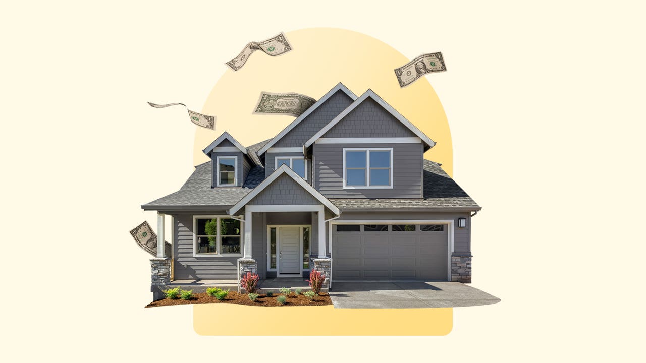 Image featuring a house with dollar bills falling from the sky