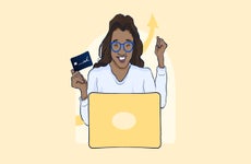 Illustrated image featuring a woman holding a Chase Ink Business Preferred card