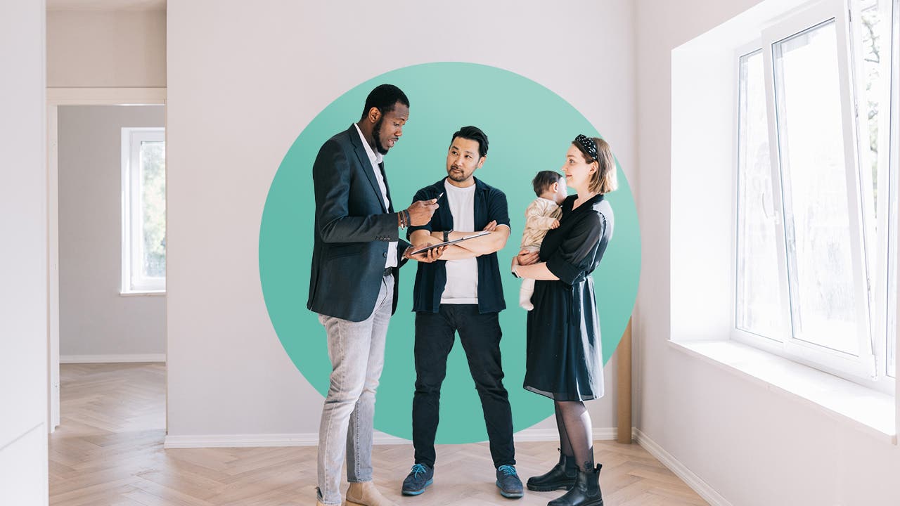 photo illustration of a couple with a baby talking to a realtor