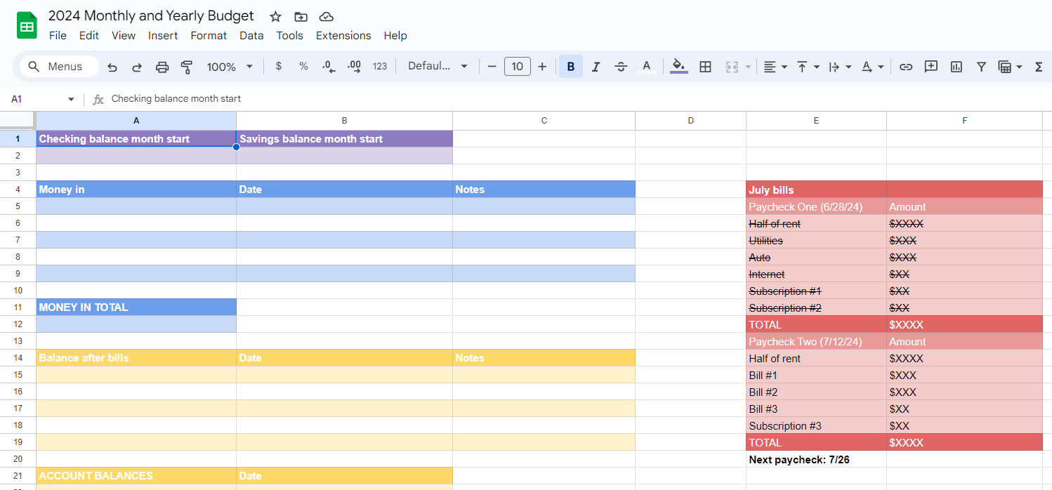 Budgeting example on a spreadsheet