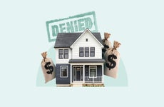 Illustrated collage featuring a house with the words "Denied" above it