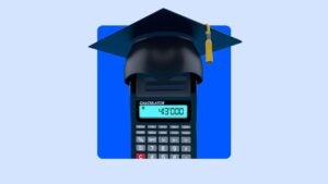 black calculator wearing a black graduation cap like a hat