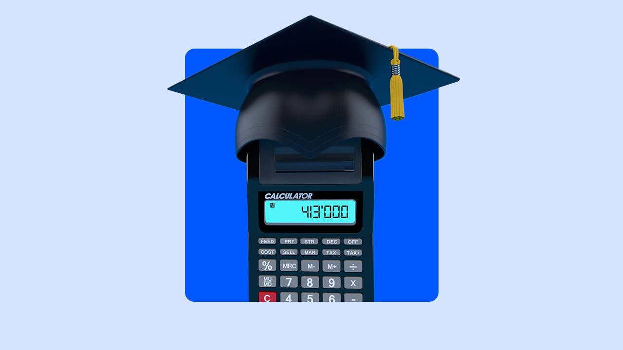 black calculator wearing a black graduation cap like a hat