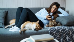 Woman using a smartphone while laying on sofa with her dog