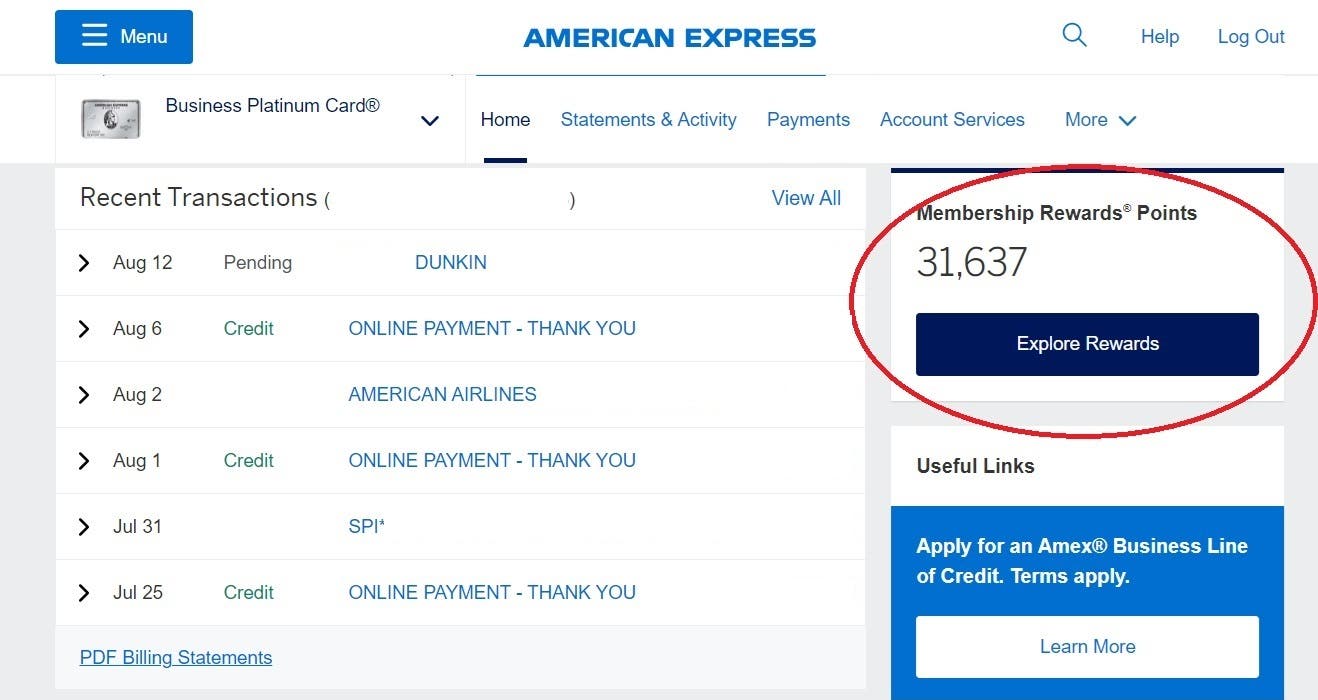 Screenshot of American Express account management page