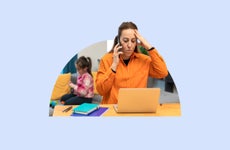 Stressed woman on phone, child in background